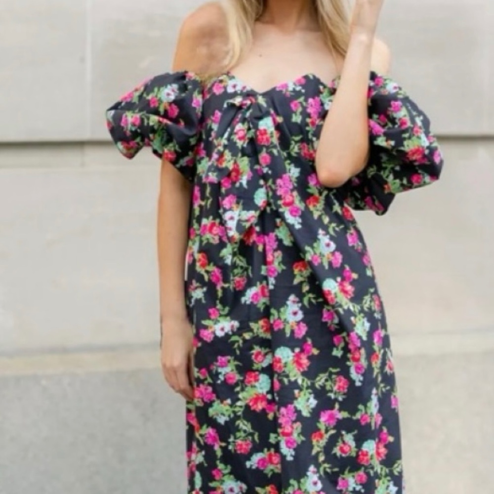 CAROLINE CONSTAS  Red Pink Noir Floral Reyna NWT off the shoulder column dress